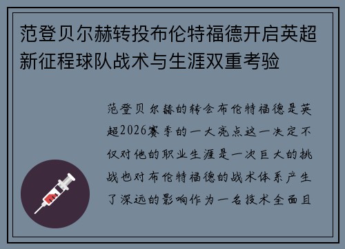 范登贝尔赫转投布伦特福德开启英超新征程球队战术与生涯双重考验